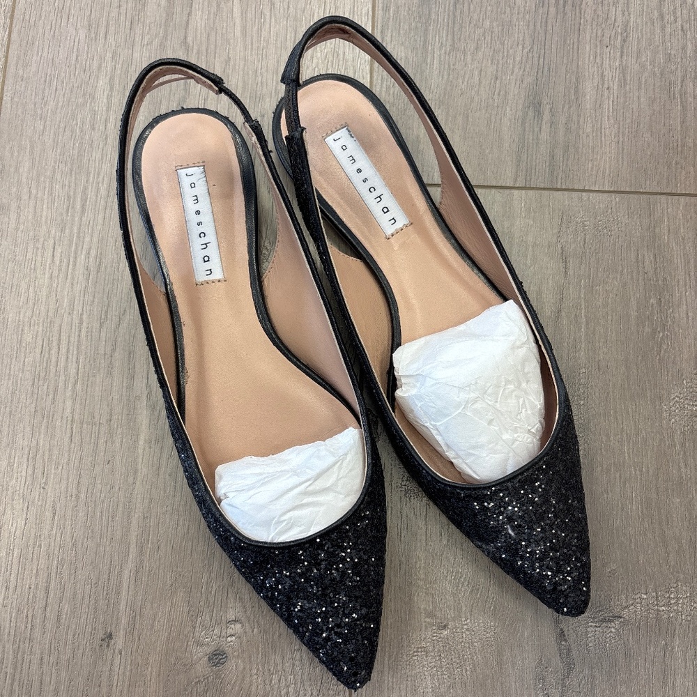James Chan glitter black pointy flats